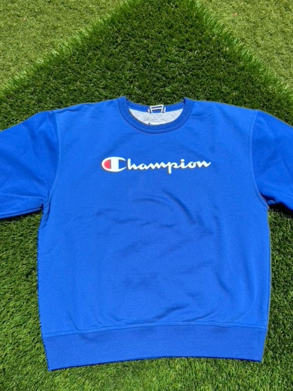 Champion Blue Crewneck Sweatshirt Scrip Logo Spellout size LARGE